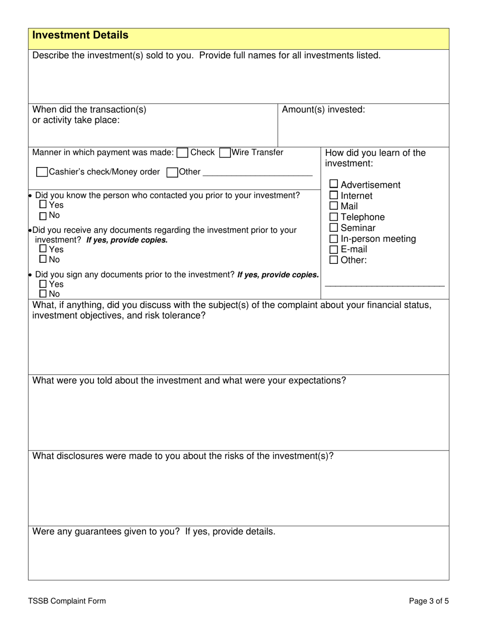 Investor Complaint Form - Texas, Page 3