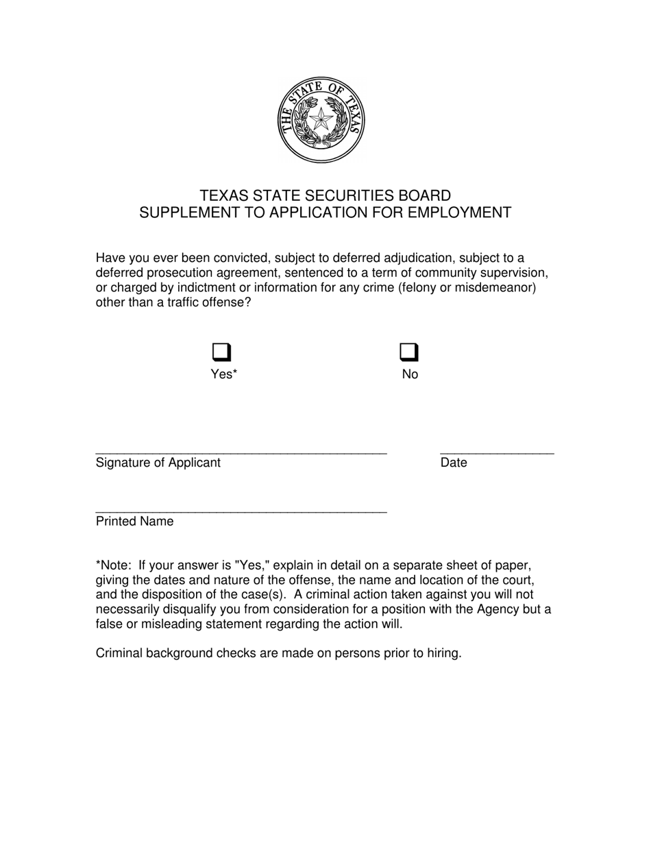 Supplement to Application for Employment - Texas, Page 1