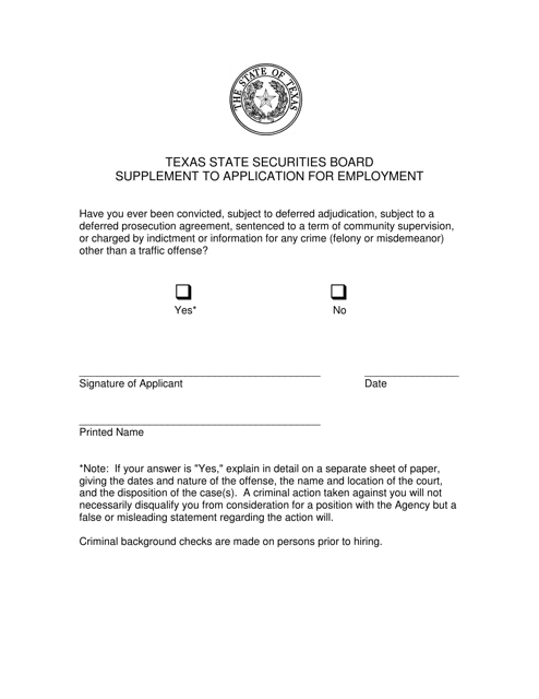 Supplement to Application for Employment - Texas Download Pdf
