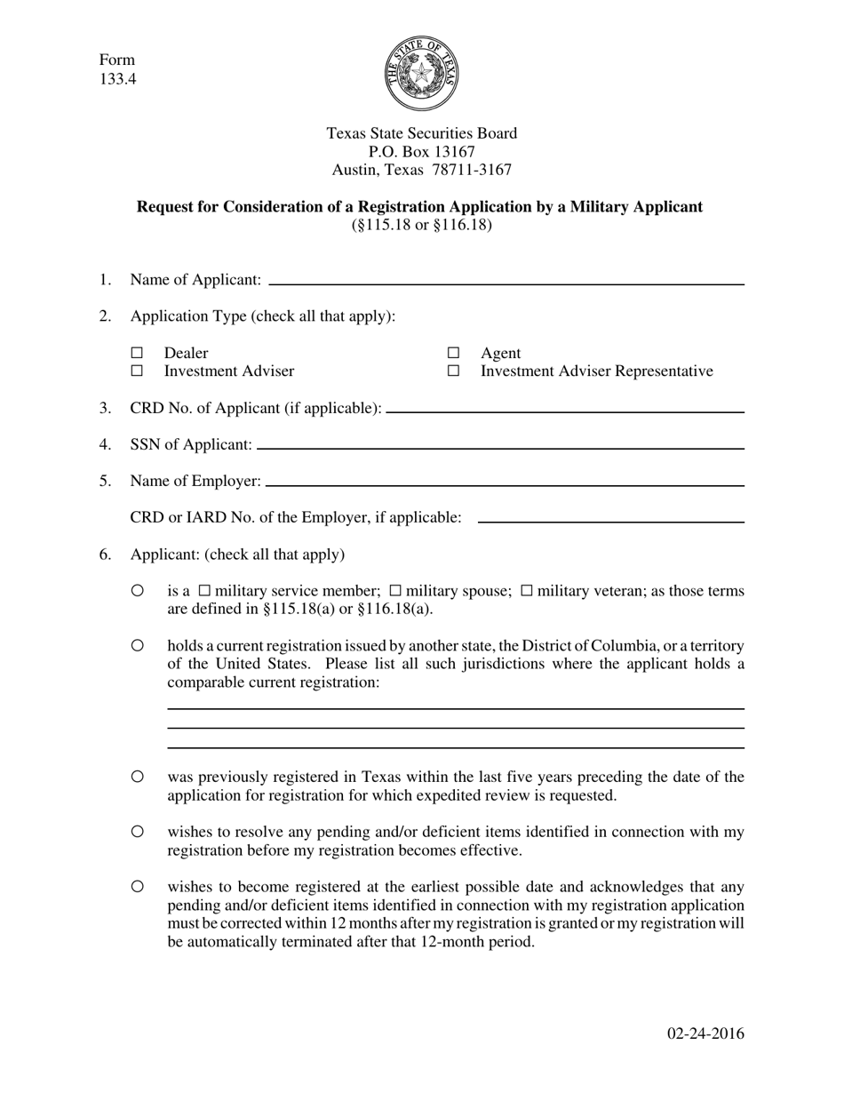 Form 133.4 Request for Consideration of a Registration Application by a Military Applicant - Texas, Page 1