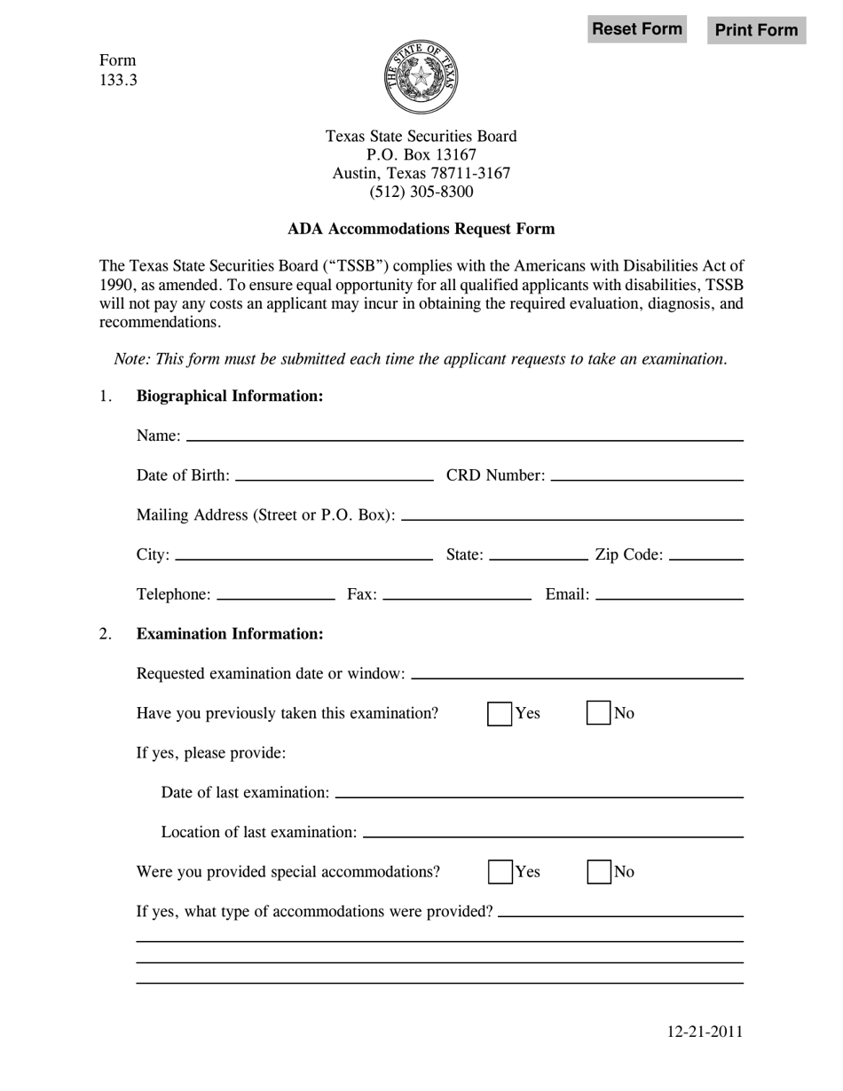 Form 133.3 Ada Accommodations Request Form - Texas, Page 1