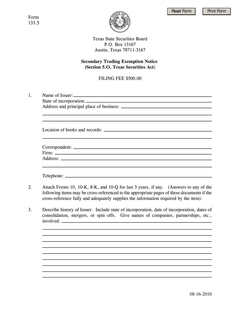 Form 133.5 Secondary Trading Exemption Notice - Texas, Page 1