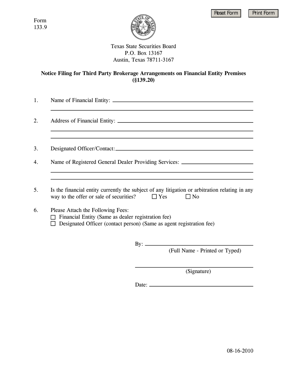 Form 133.9 Notice Filing for Third Party Brokerage Arrangements on Financial Entity Premises - Texas, Page 1
