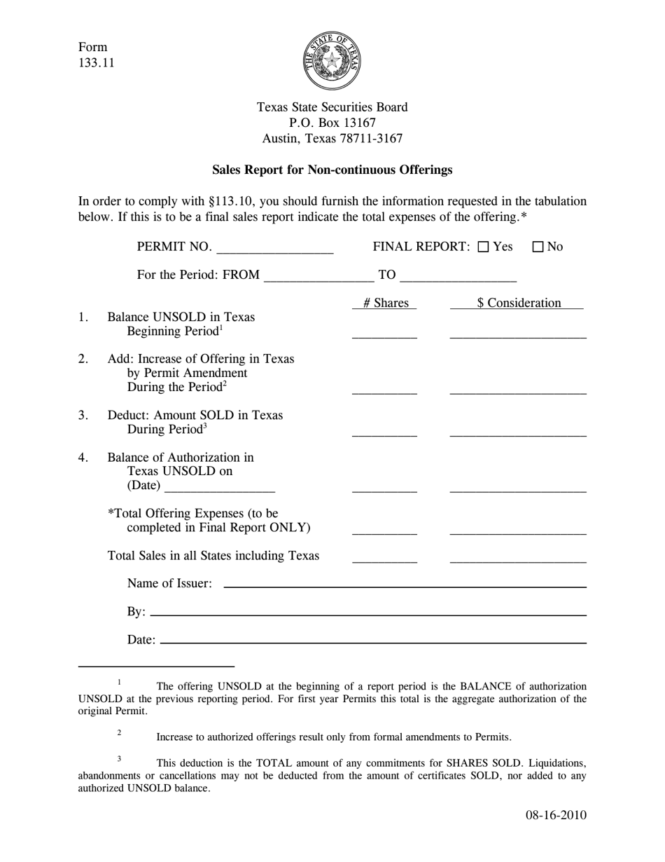 Form 133.11 Sales Report Form for Non-continuous Offerings - Texas, Page 1