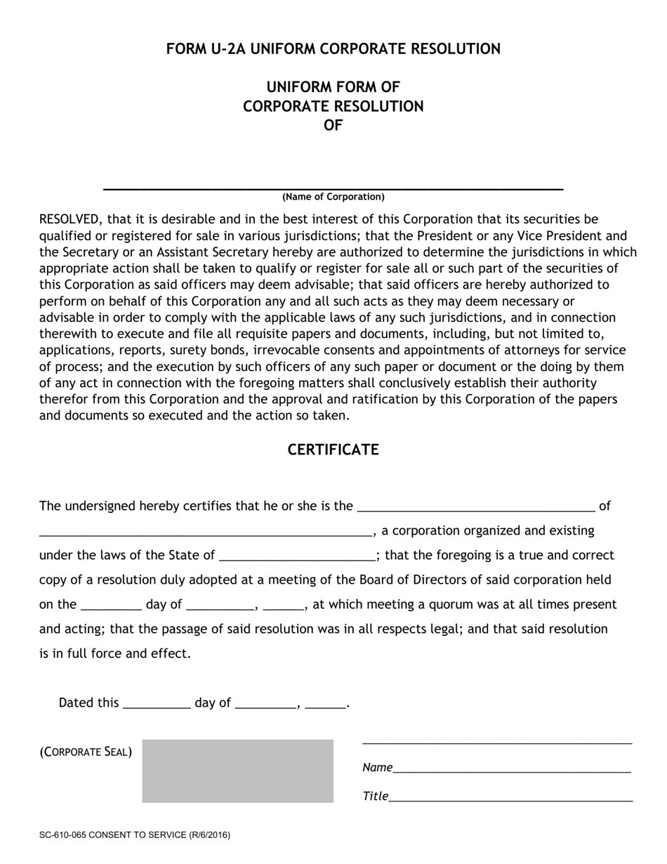 Form U-2A (SC-610-065) Uniform Form of Corporate Resolution - Washington, Page 1