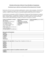 Document preview: Cuestionario Para Solicitar Una Demanda De Discriminacion De Vivienda - Texas (Spanish)