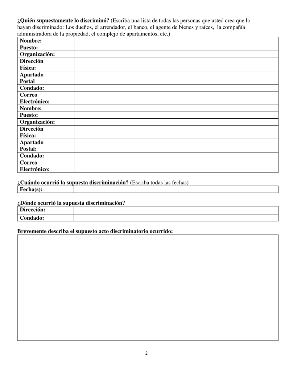 Cuestionario Para Solicitar Una Demanda De Discriminacion De Vivienda - Texas (Spanish), Page 2