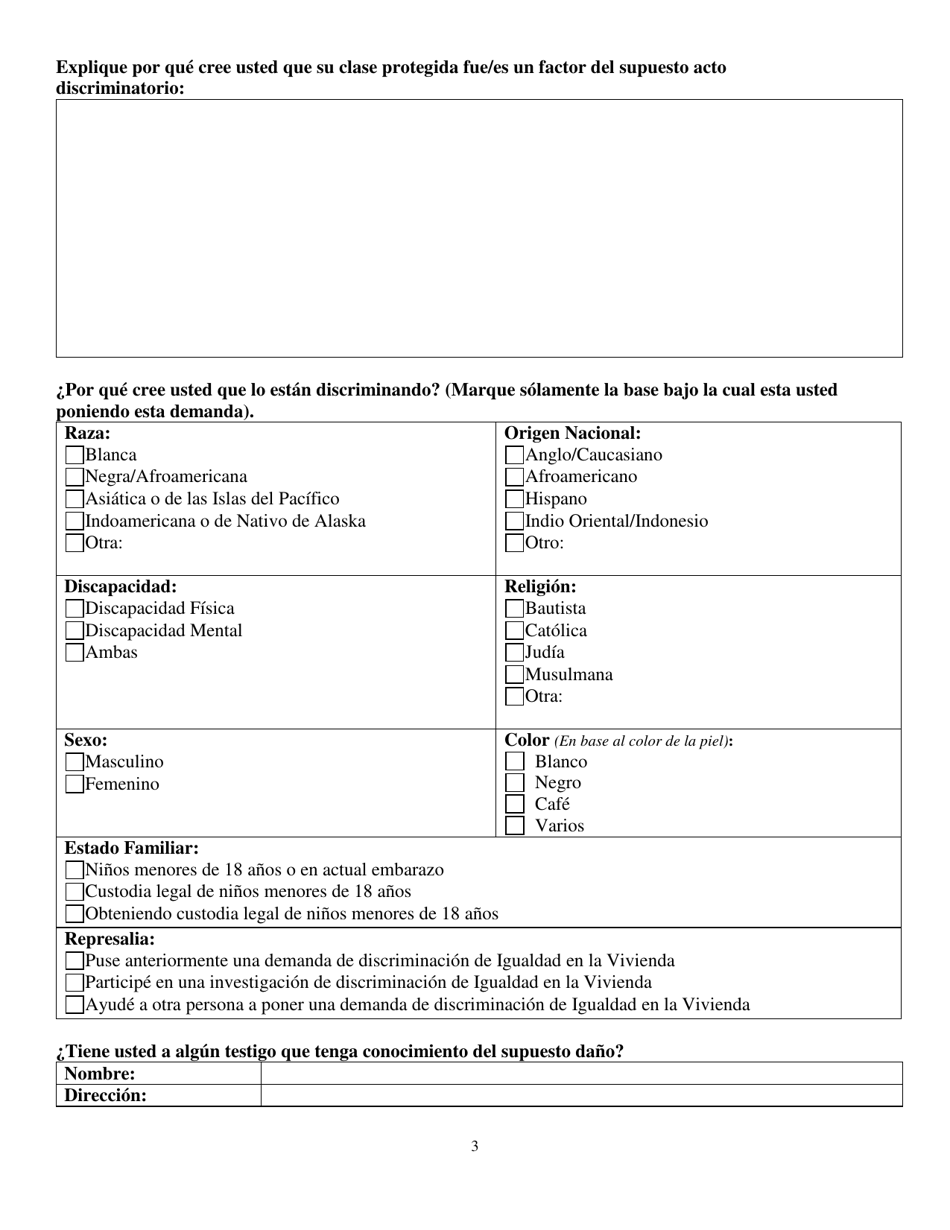 Cuestionario Para Solicitar Una Demanda De Discriminacion De Vivienda - Texas (Spanish), Page 3