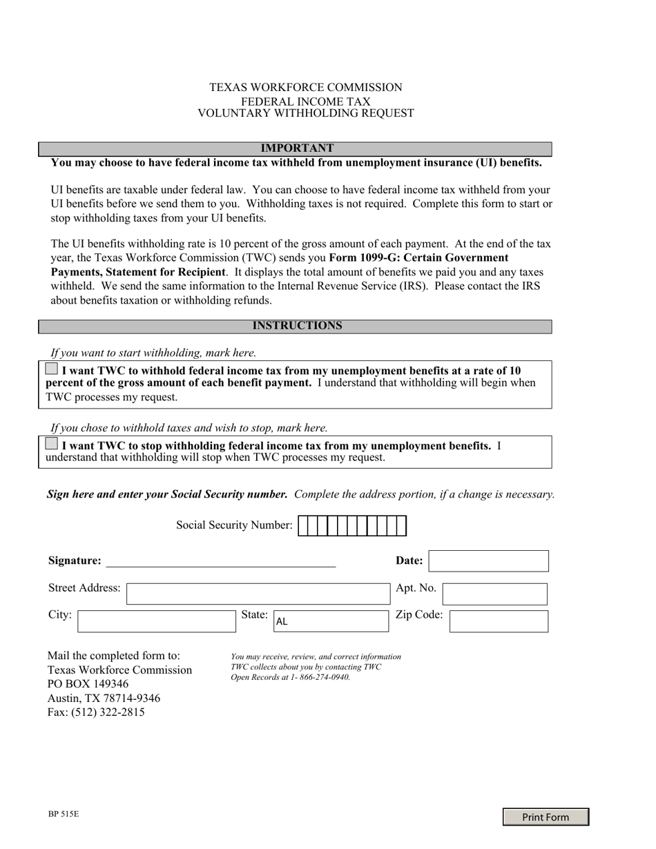 Form BP515 E Voluntary Withholding Request - Texas, Page 1