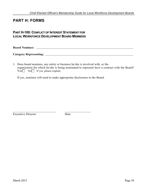 Form H-100 Conflict of Interest Statement for Workforce Development Board Members - Texas