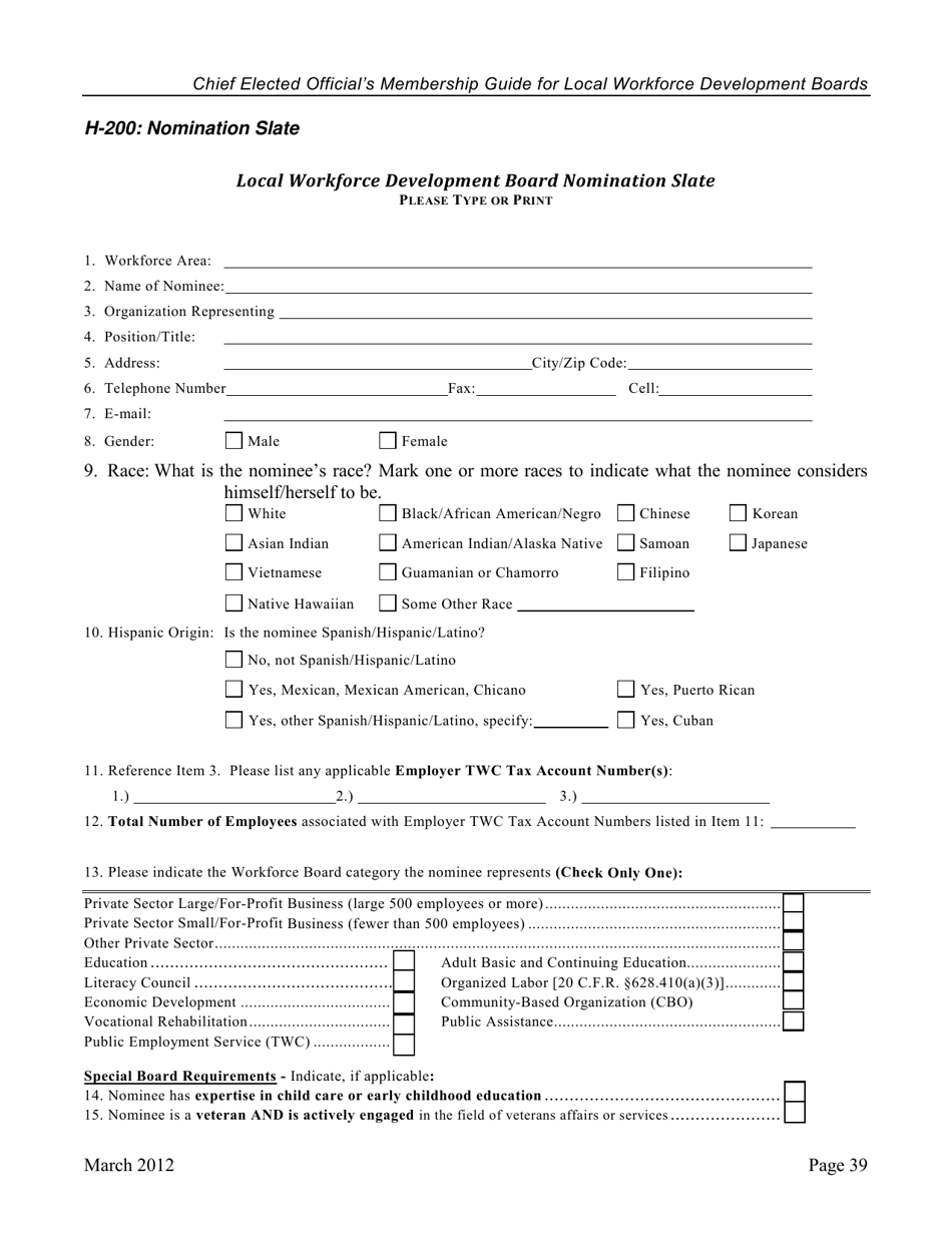 Form H-200 Local Workforce Development Board Nomination Slate - Texas, Page 1
