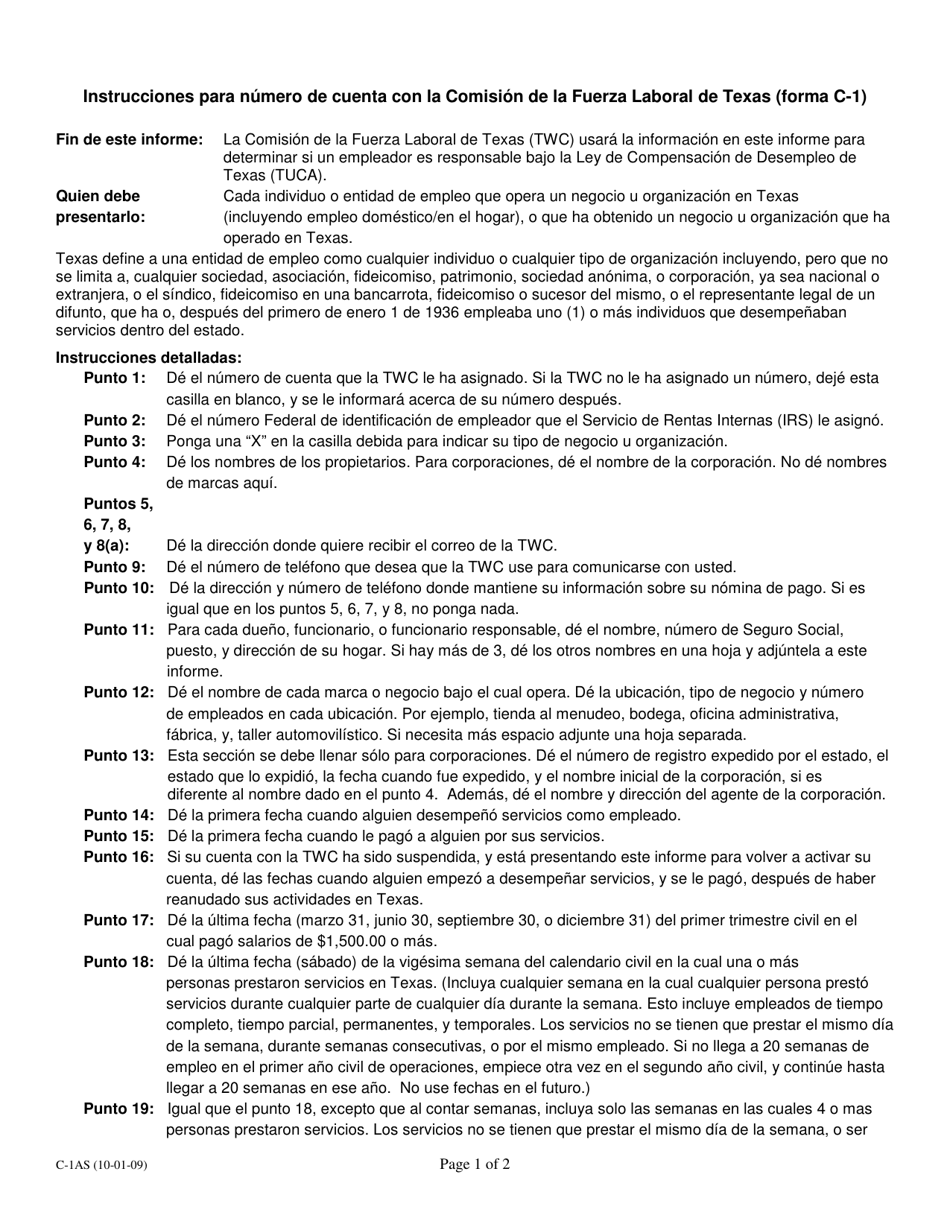 Instrucciones para Formulario C-1 Numero De Cuenta Con La Comision De La Fuerza Laboral De Texas - Texas (Spanish), Page 1