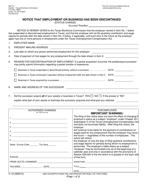 Form C-13 Notice That Employment or Business Has Been Discontinued - Texas
