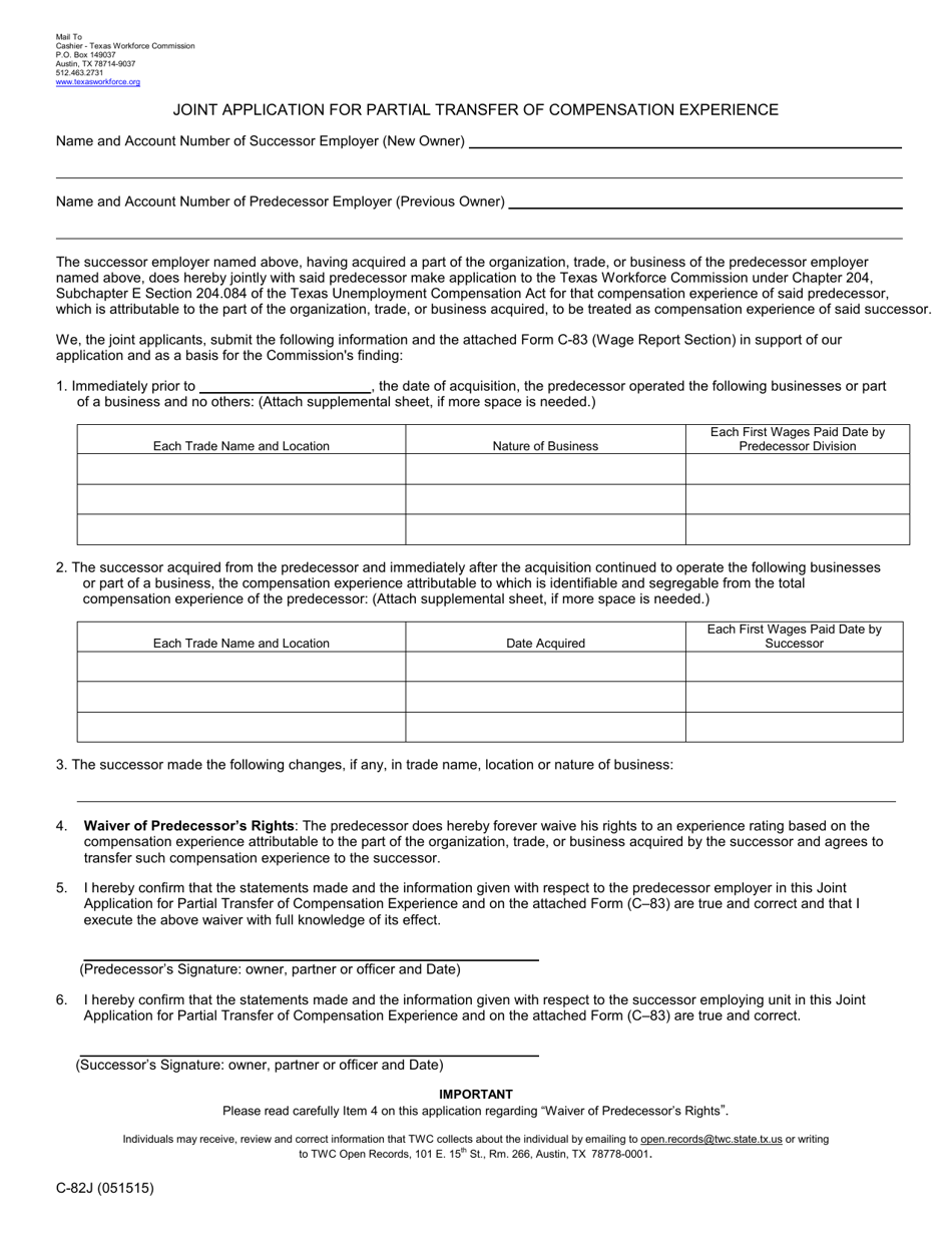 Form C-82J Joint Application for Partial Transfer of Compensation Experience - Texas, Page 1
