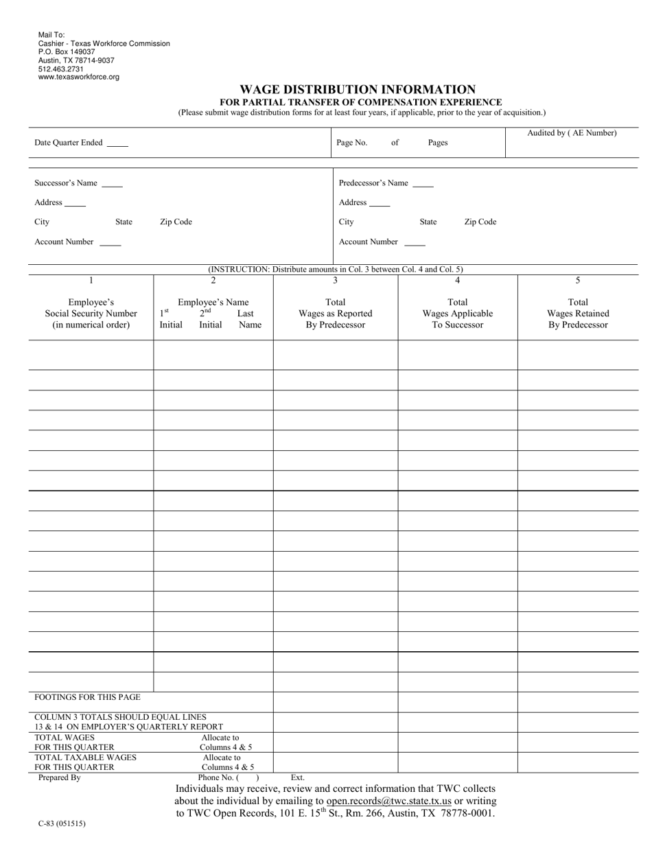 Form C-83 Wage Distribution Information for Partial Transfer of Compensation Experience - Texas, Page 1