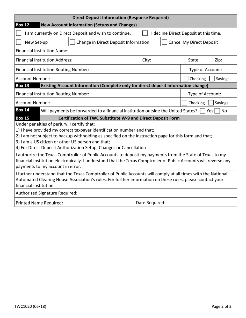Form TWC1020 Twc Substitute W-9 and Direct Deposit Form - Texas, Page 2