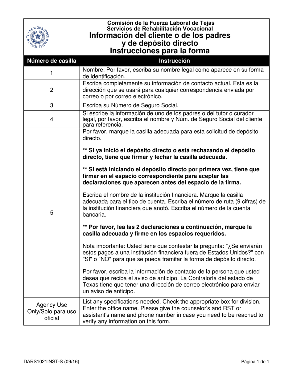Instrucciones para Formulario VR1021-S Informacion Del Cliente O De Los Padres/Guardas Y De Deposito Directo - Texas (Spanish), Page 1