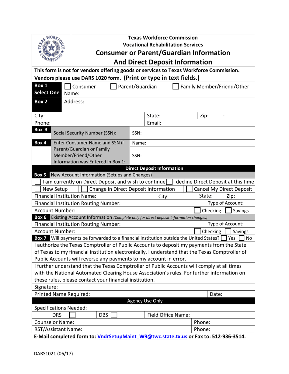 Form DARS1021 Fill Out, Sign Online and Download Fillable PDF, Texas