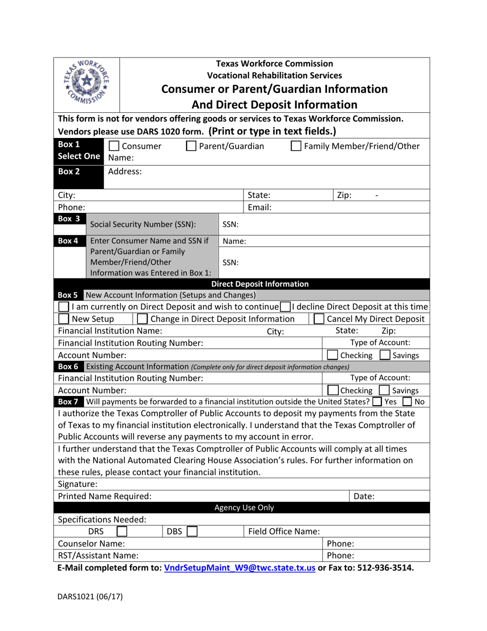 Form DARS1021 Consumer or Parent/Guardian Information and Direct Deposit Information - Texas, Page 1