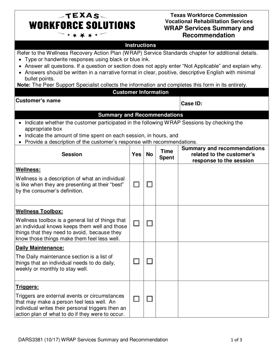 Form DARS3381 Wrap Services Summary and Recommendation - Texas, Page 1