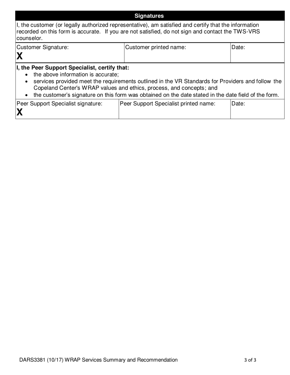 Form DARS3381 Wrap Services Summary and Recommendation - Texas, Page 3