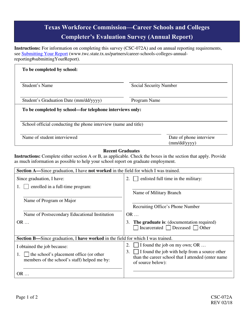 Form CSC-072A Career Schools and Colleges Completers Evaluation Survey - Texas, Page 1