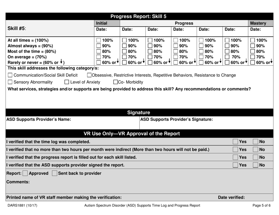 Form DARS1881 Autism Spectrum Disorder (Asd) Supports Time Log and Progress Report - Texas, Page 5