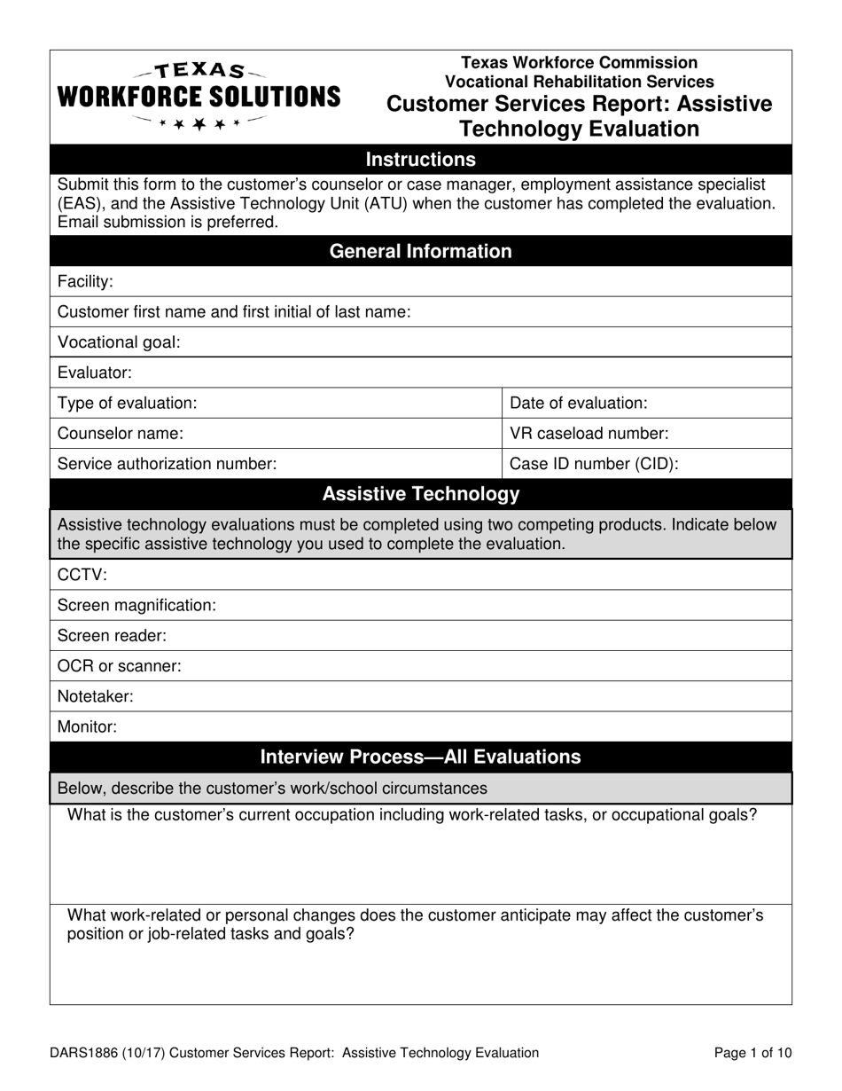 Form DARS1886 Customer Services Report: Assistive Technology Evaluation - Texas, Page 1