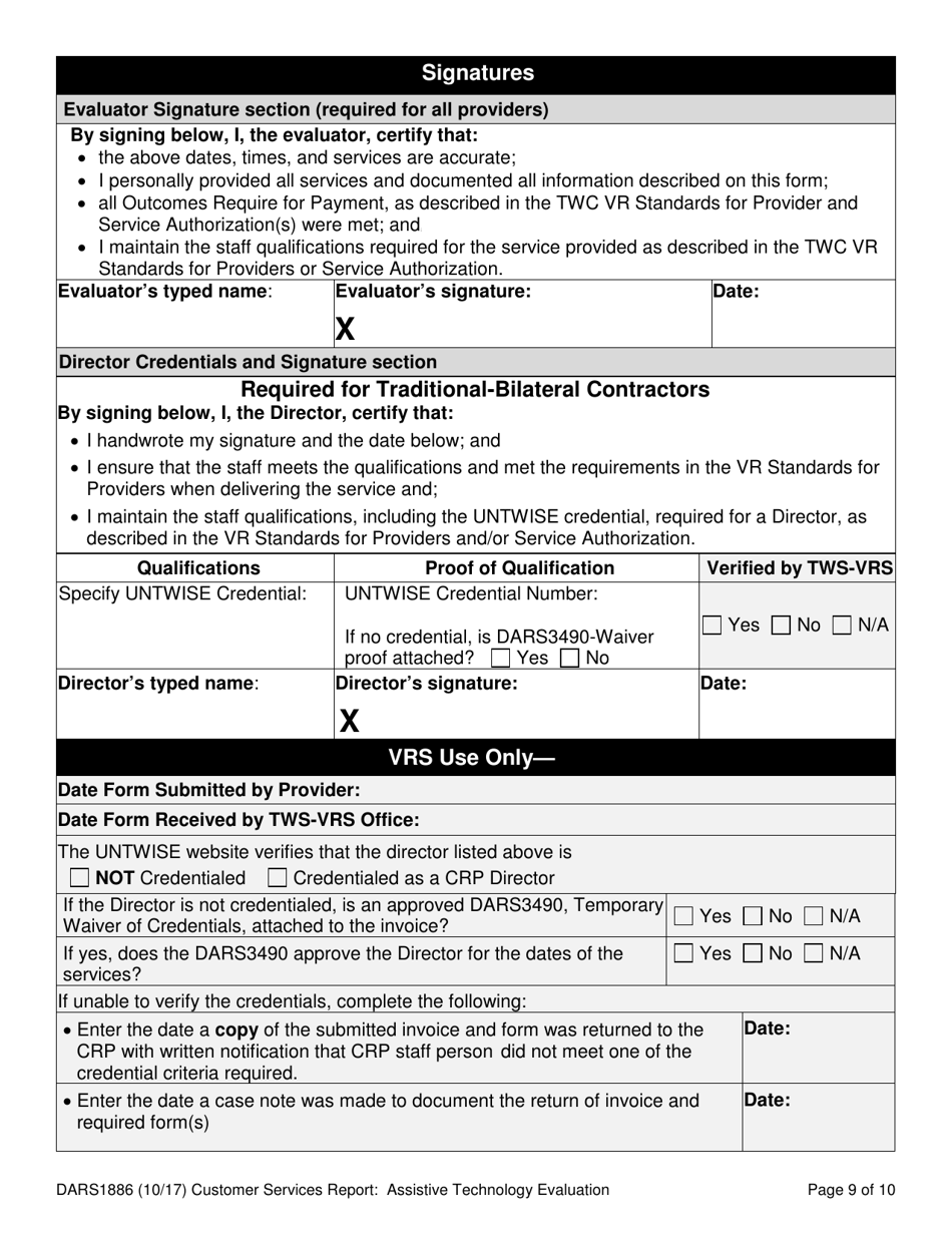 Form DARS1886 Customer Services Report: Assistive Technology Evaluation - Texas, Page 9