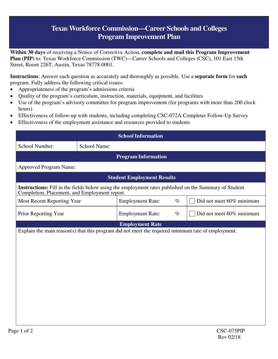 Form CSC-075PIP Program Improvement Plan - Texas, Page 1