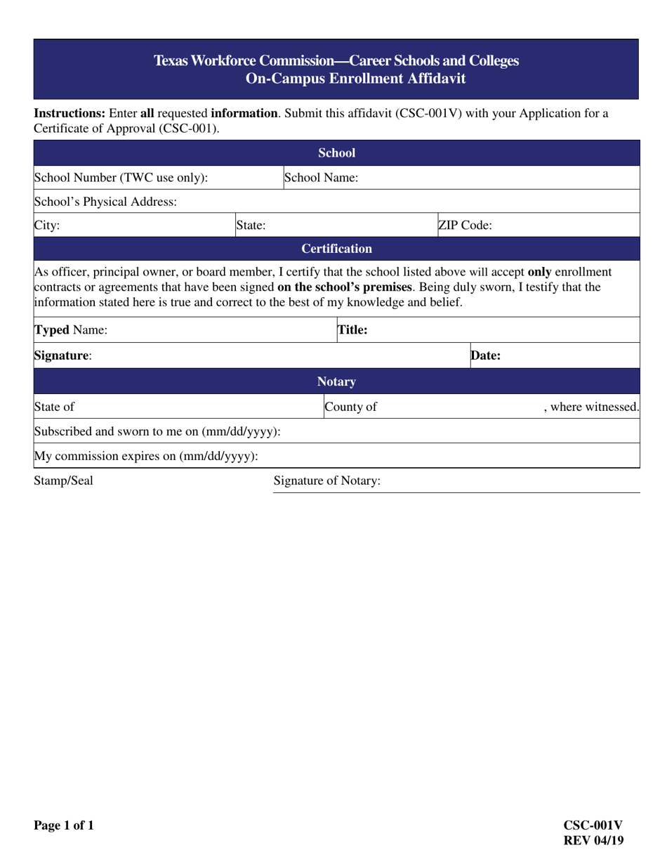 Form CSC-001V On-Campus Enrollment Affidavit - Texas, Page 1