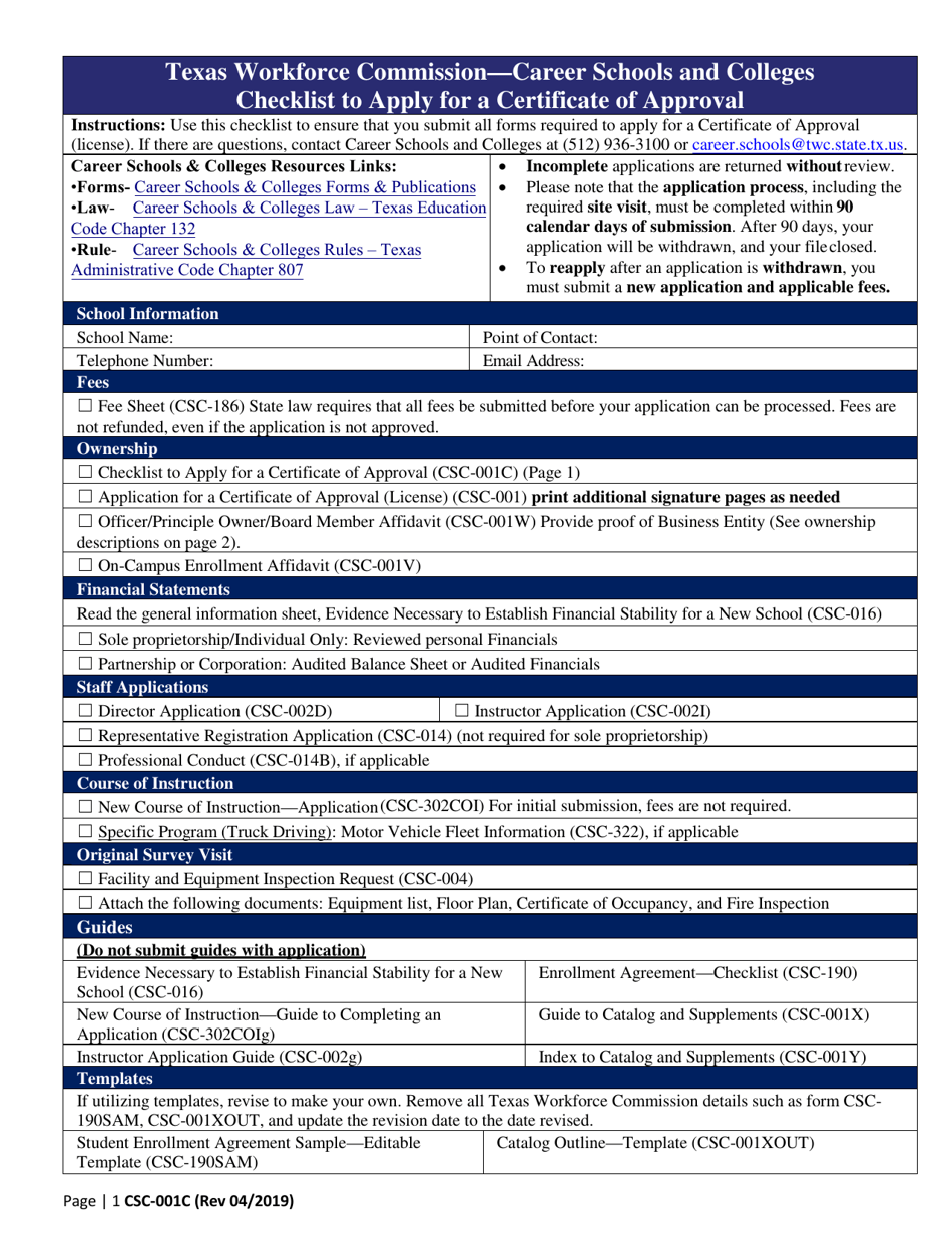 Form CSC-001C Checklist to Apply for a Certificate of Approval - Texas, Page 1