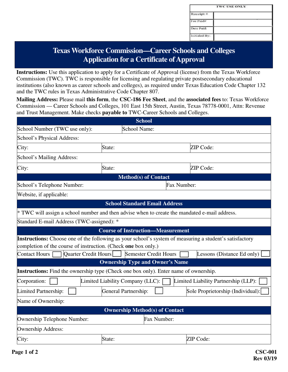 Form CSC-001 Application for a Certificate of Approval - Texas, Page 1