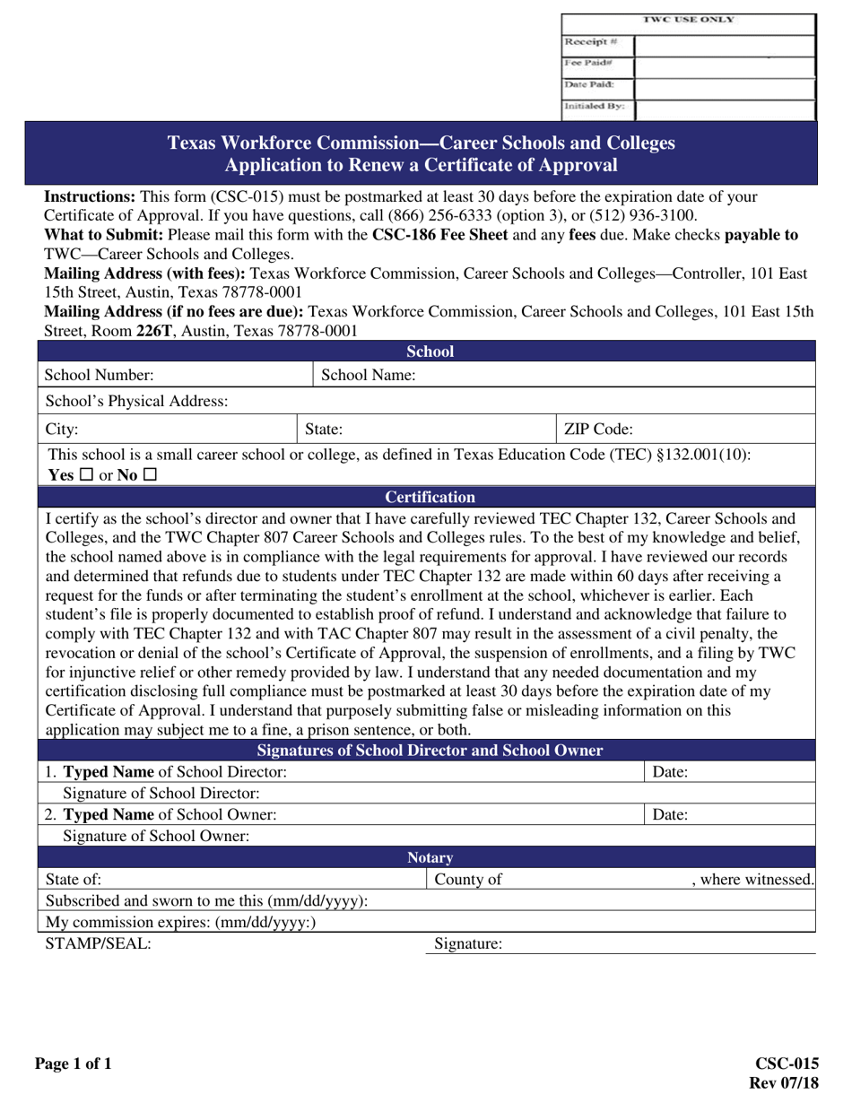 Form CSC-015 Application to Renew a Certificate of Approval - Texas, Page 1