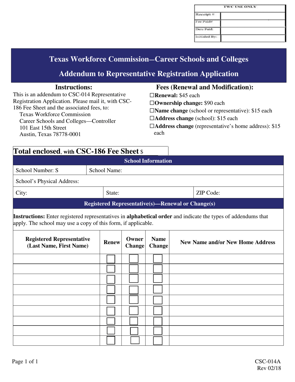 Form CSC-014A Addendum to Representative Registration Application - Texas, Page 1
