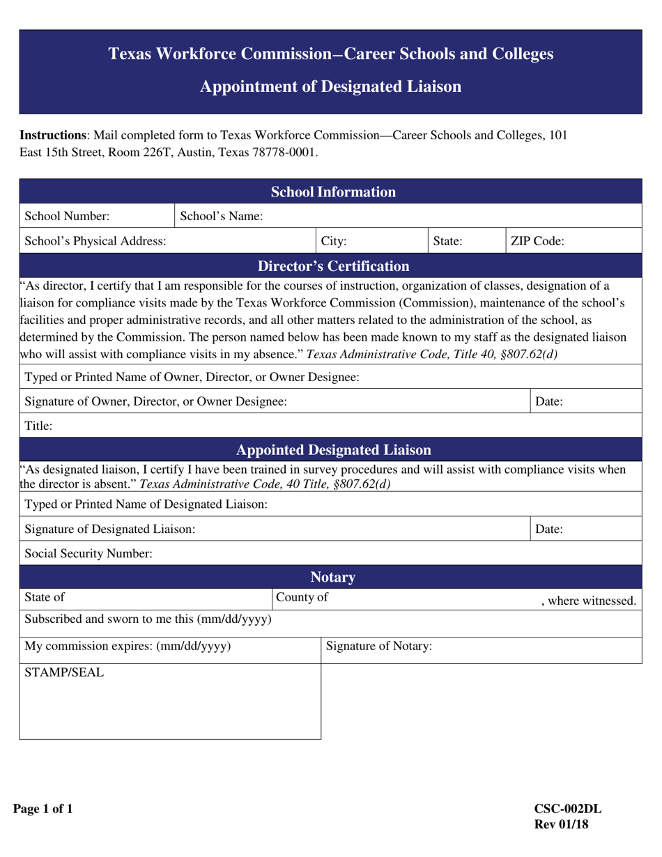 Form CSC-002DL Appointment of Designated Liaison - Texas, Page 1