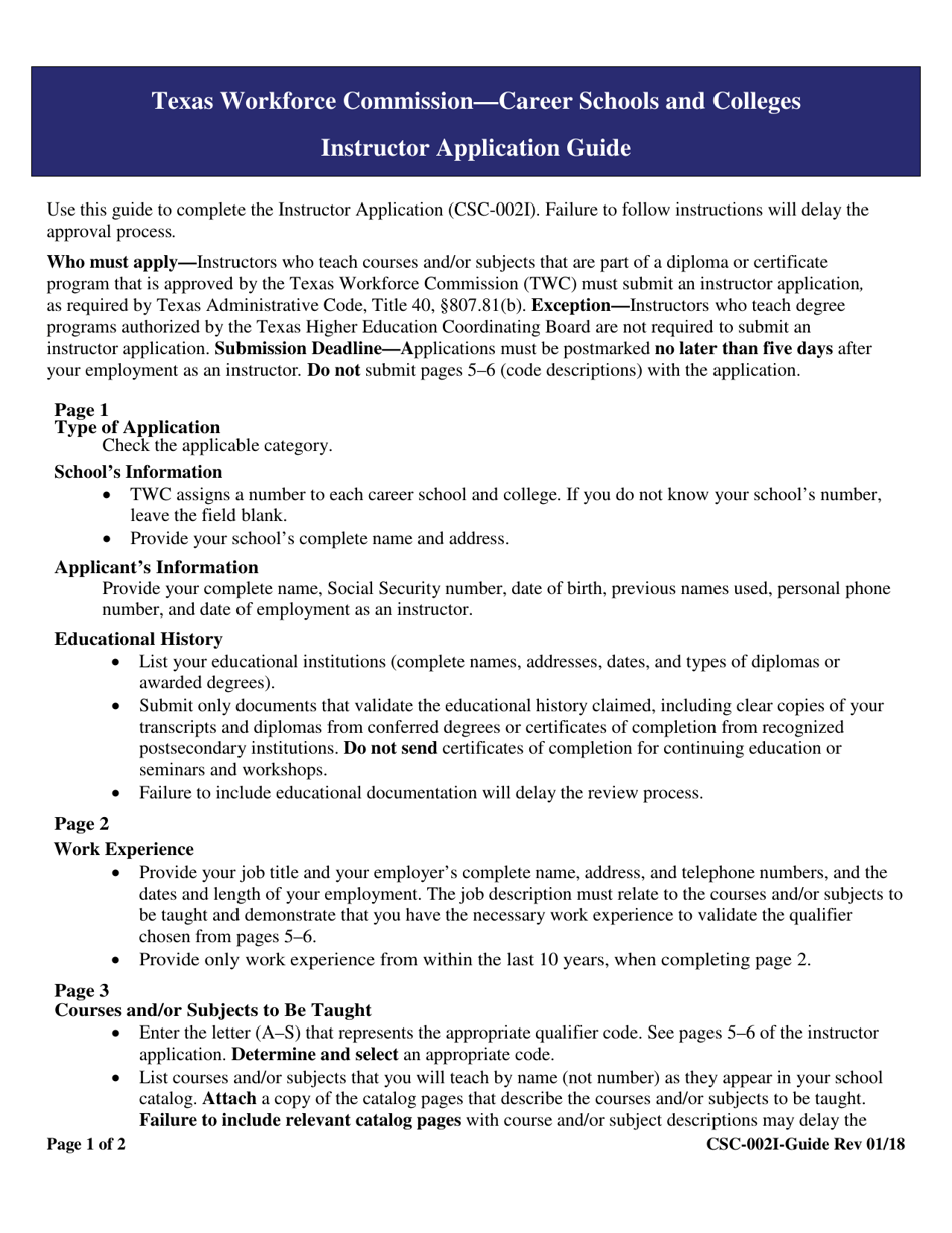 Instructions for Form CSC-002I Instructor Application - Texas, Page 1