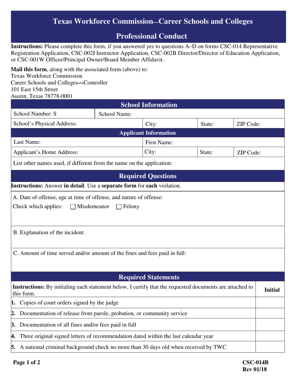 Form CSC-014B Professional Conduct - Texas, Page 1