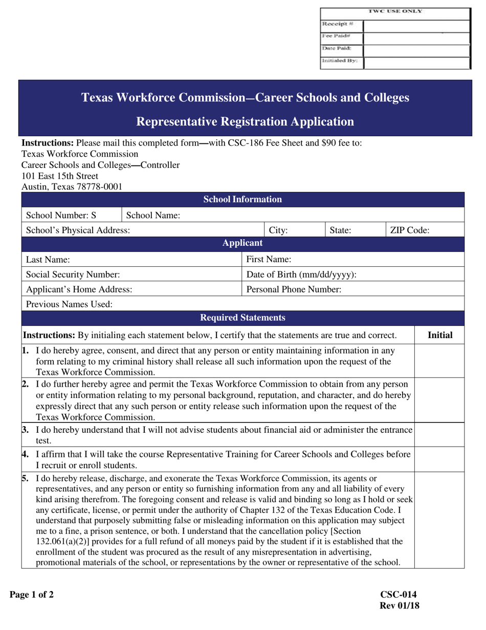 Form CSC-014 Representative Registration Application - Texas, Page 1