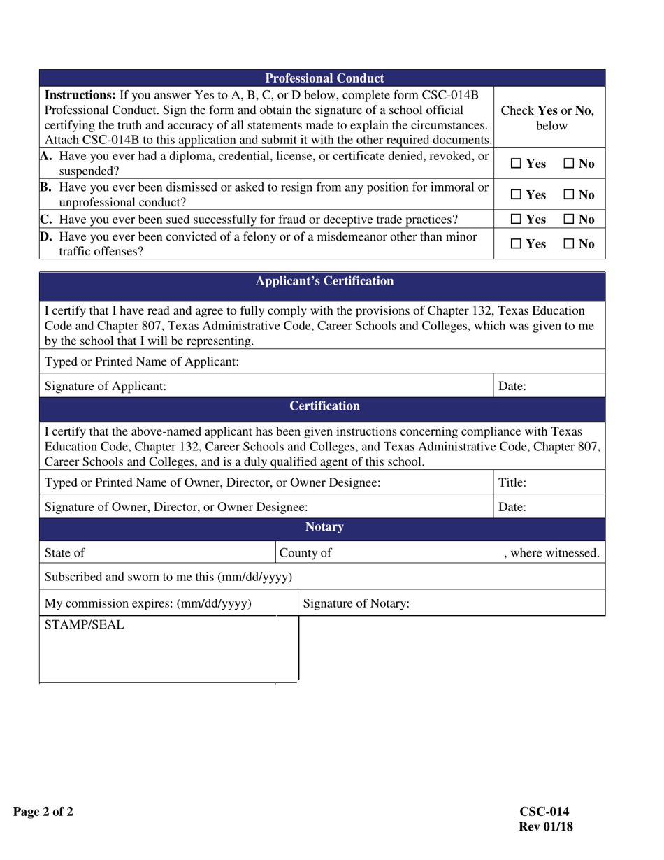 Form CSC-014 Representative Registration Application - Texas, Page 2