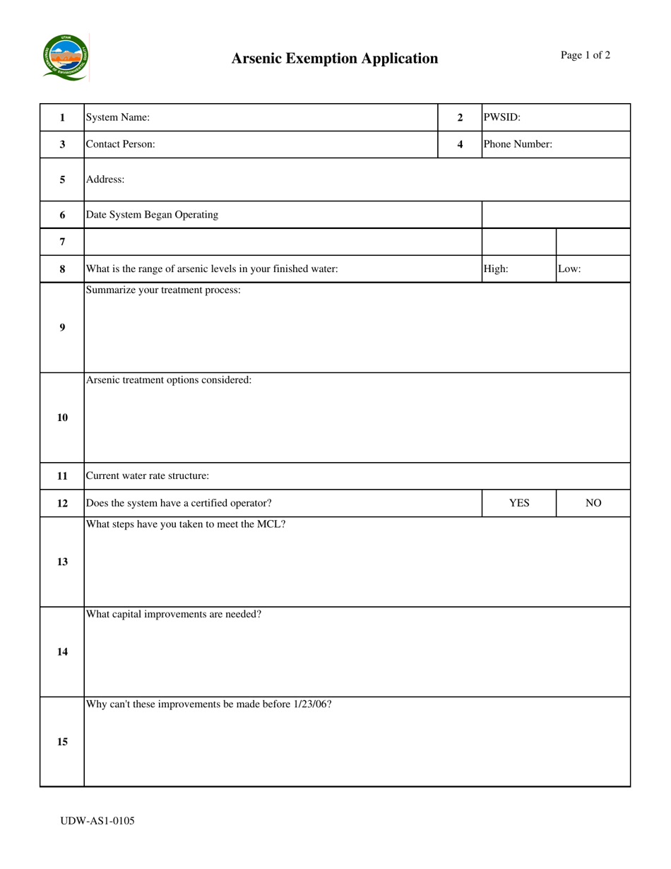 Form UDW-AS1-0105 Arsenic Exemption Application - Utah, Page 1