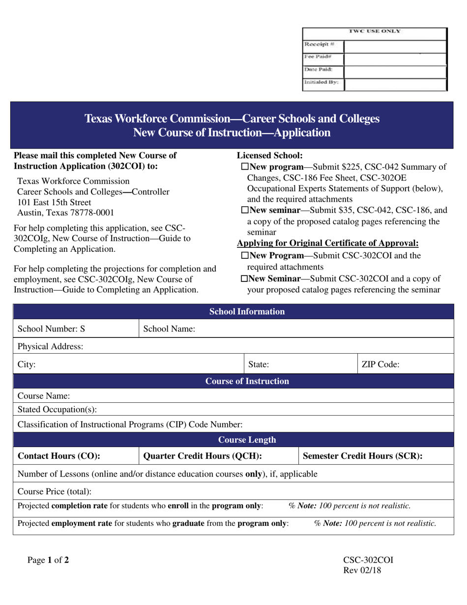 Form CSC-302COI New Course of Instruction Application - Texas, Page 1