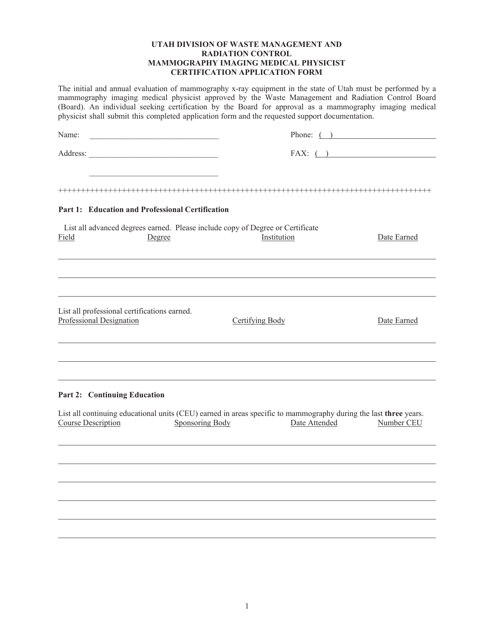 Mammography Imaging Medical Physicist Certification Application Form - Utah Download Pdf