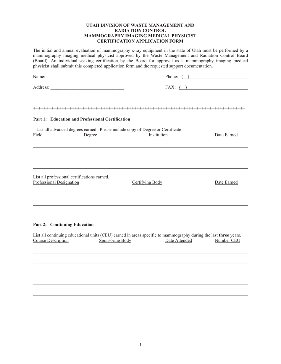 Mammography Imaging Medical Physicist Certification Application Form - Utah, Page 1
