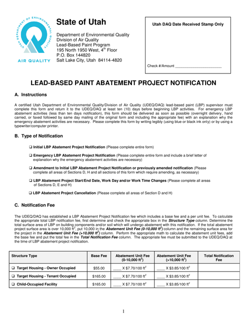 Form DAQA-583-18 Lead-Based Paint Abatement Project Notification - Utah