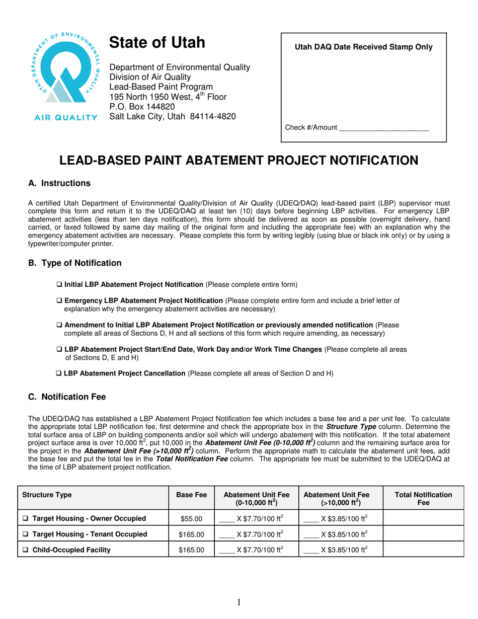 Form DAQA-583-18 Lead-Based Paint Abatement Project Notification - Utah, Page 1