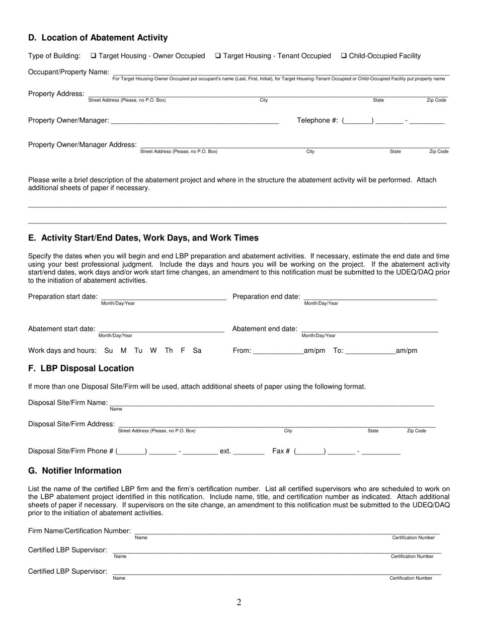 Form DAQA-583-18 Lead-Based Paint Abatement Project Notification - Utah, Page 2