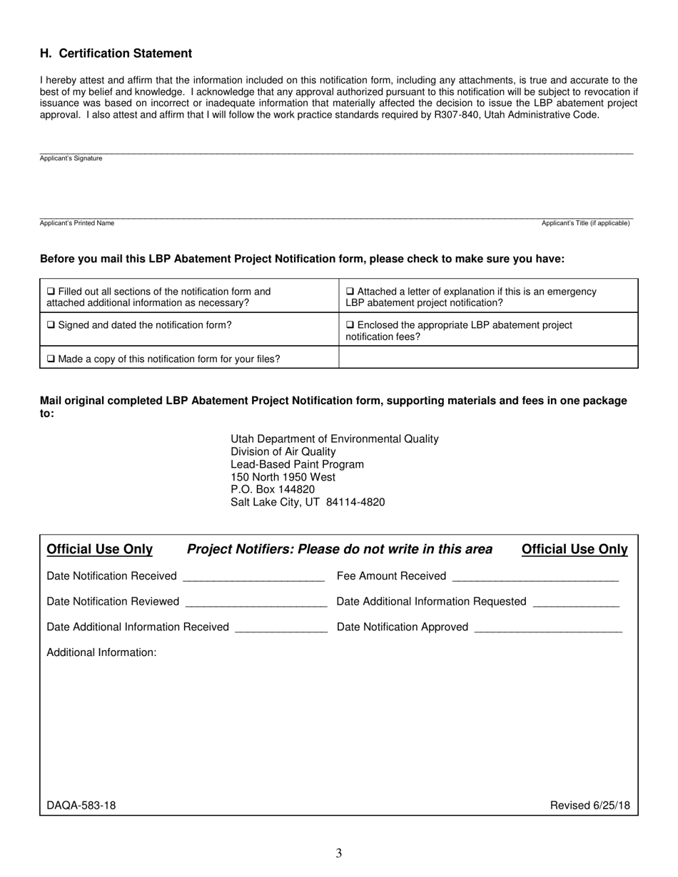 Form DAQA-583-18 Lead-Based Paint Abatement Project Notification - Utah, Page 3
