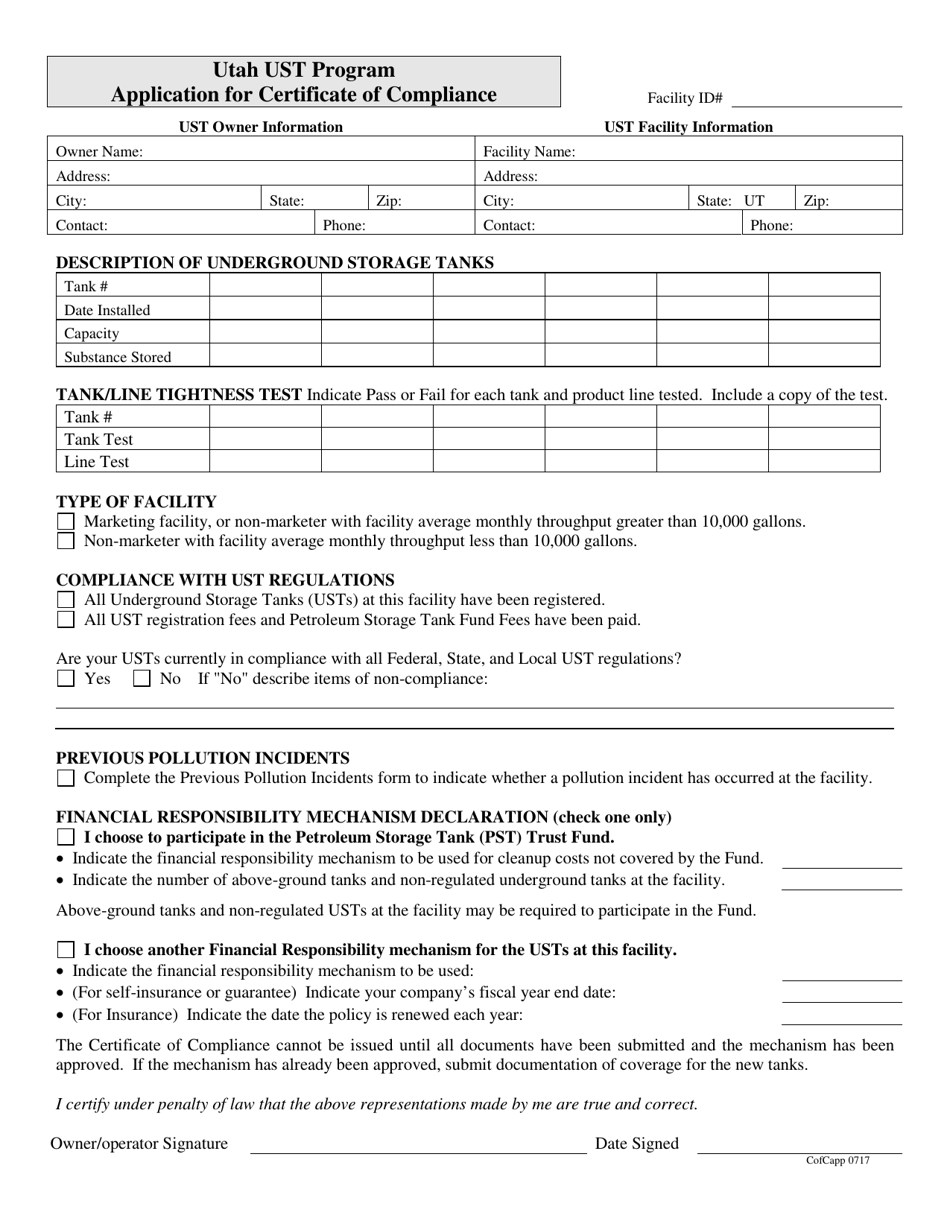 Utah Ust Program Application for Certificate of Compliance - Utah, Page 1
