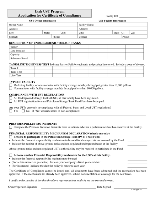 Utah Ust Program Application for Certificate of Compliance - Utah Download Pdf